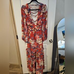 Nikki Lund By Nordstrom Boho Floral Balloon Sleeve Sheer Ruffled Maxi Dress